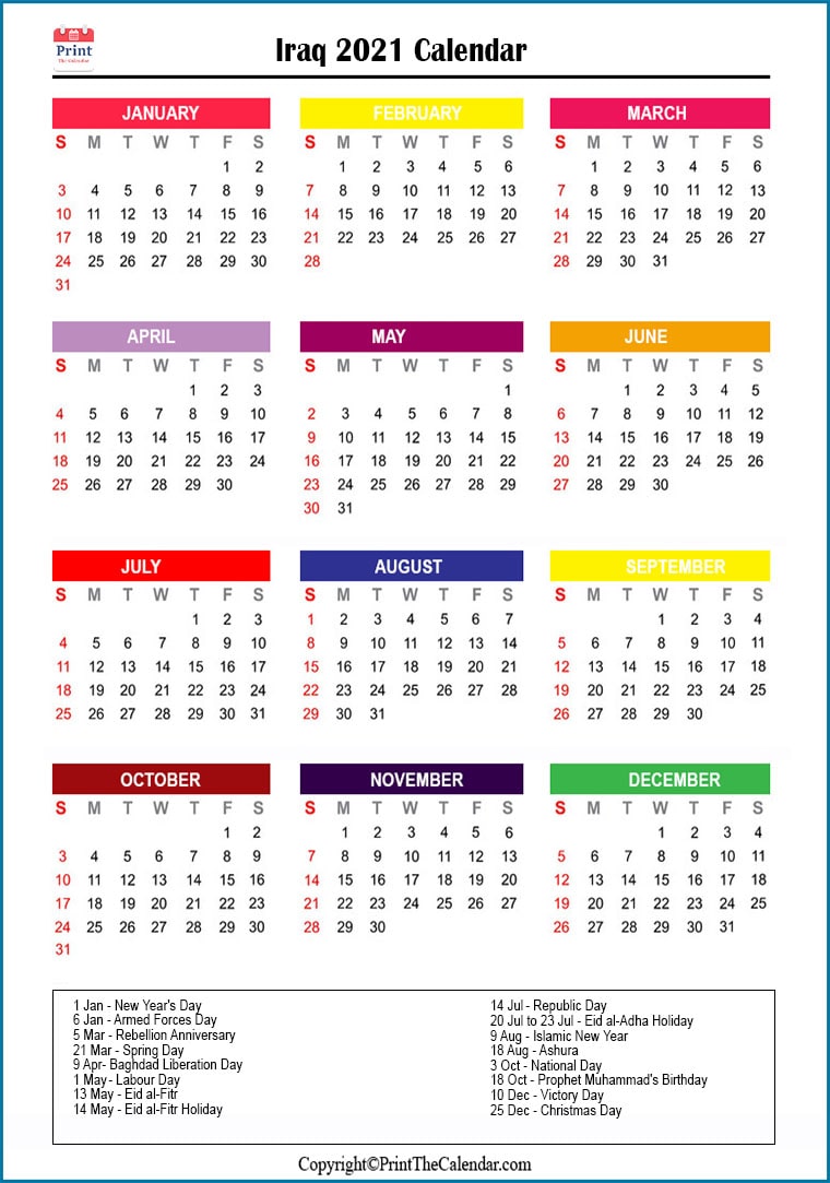 Iraq Printable Calendar 2021